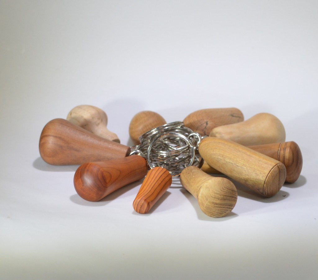 image of group of woodtured key rings